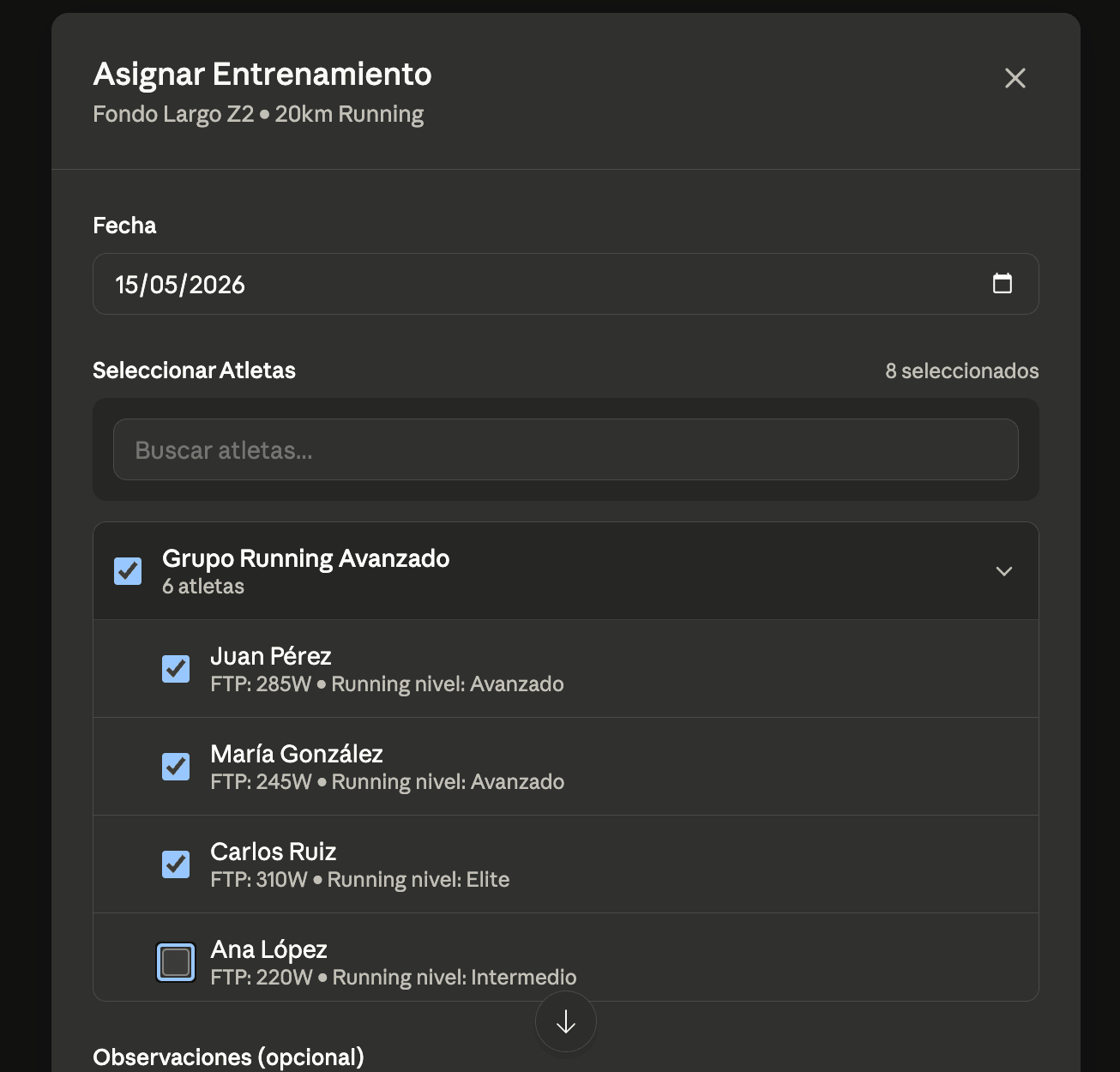 Pantalla de asignación masiva de entrenamientos